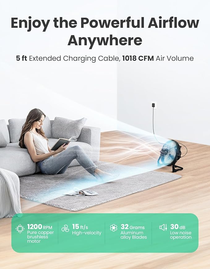 10" Portable Battery Operated Floor Fan, Cordless Rechargeable Fan, Hi-Velocity Wireless Fan, USB Phone Charge, 12-60H Runtime, Quiet, For Camping Tent Home Gym Shed Outdoor Garage Barn Travel