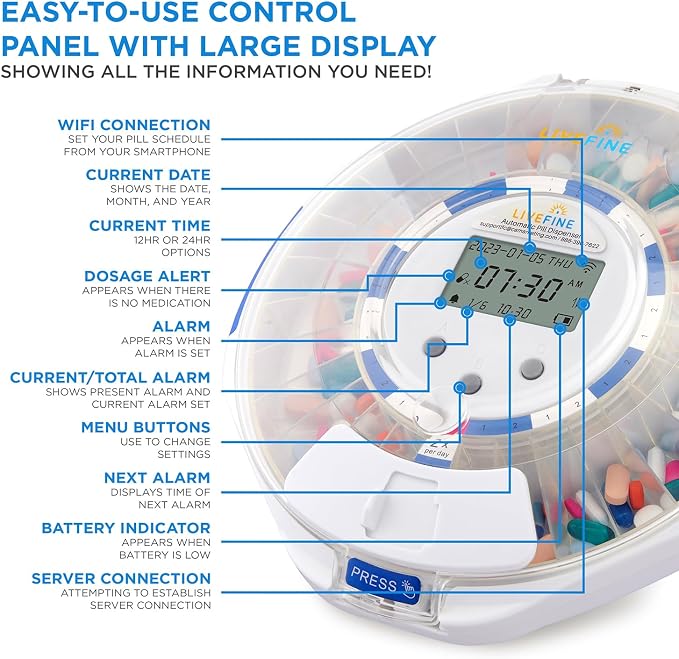 Live Fine Smart WiFi Automatic Pill Dispenser Clear Lid | 28-Day Medication Organizer Up to 9 Doses Per Day for Care Monitoring with Lock Key, Light/Sound Alarms for Prescriptions & Vitamins