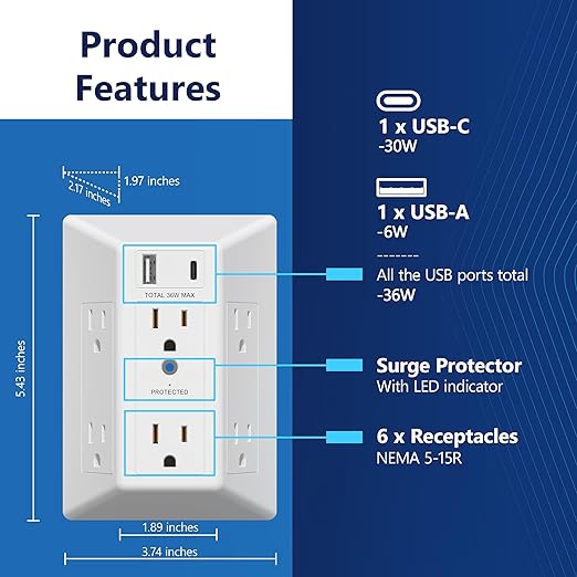 LIDER 6-Outlet Surge Expander with PD-36W USB Type A/C, Fast Charging, Surge Protector Up to 1500J with LED Indicator, USB Wall Multi Outlet Extender, White