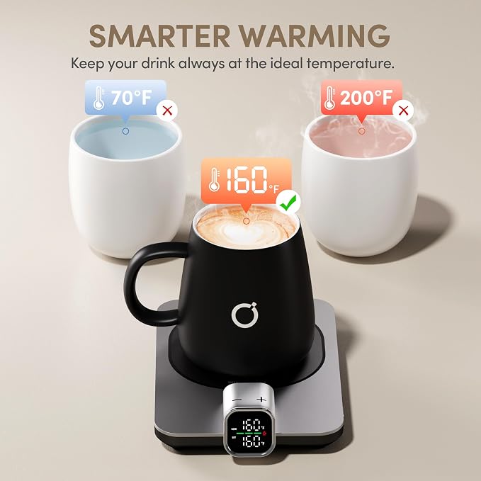 2Pcs Heated Coffee Mug Warmer & IKAGO Mug Set - Heated Mug Warmer Plates with Auto Shut Off, 1°F Precise Electric Coffee Warmer Plates for Desk, Valentine's Day Gift for Couple, Black and Pink