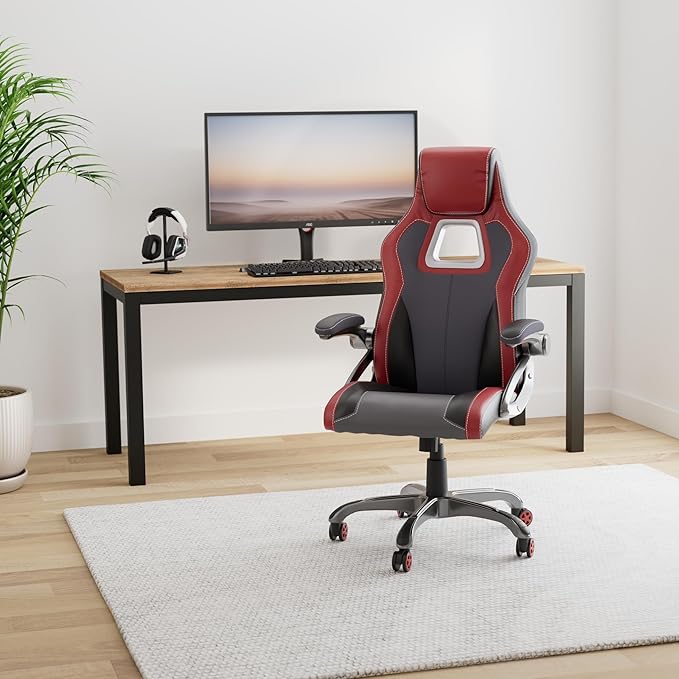 OSP Home Furnishings Race Car Adjustable Gaming Chair, Charcoal Grey Bonded Leather with Red Accents