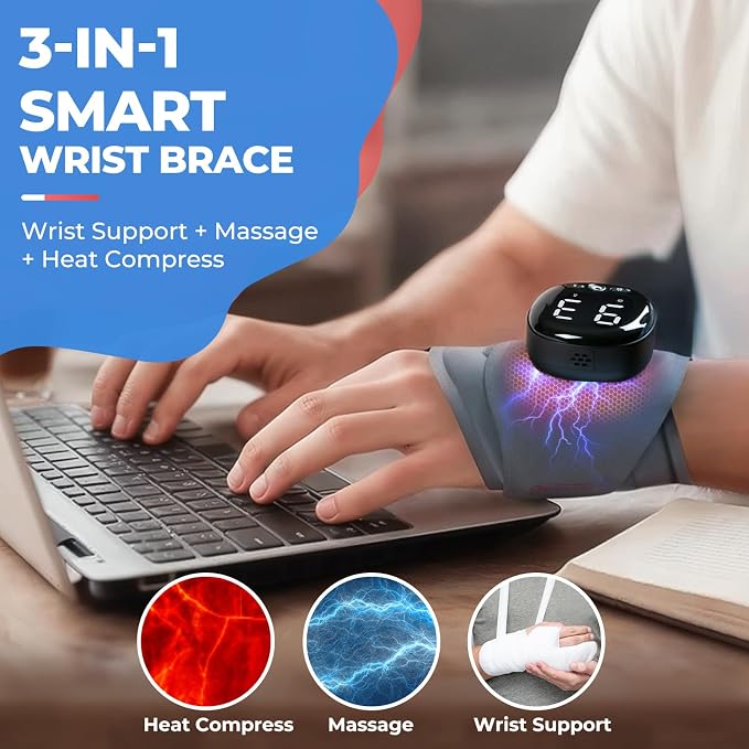 Hand Massager with Heat, Cordless Wrist Supports Brace - Relief for Carpal Tunnel, Arthritis & Tendonitis, Left/Right Hand, Gray, M