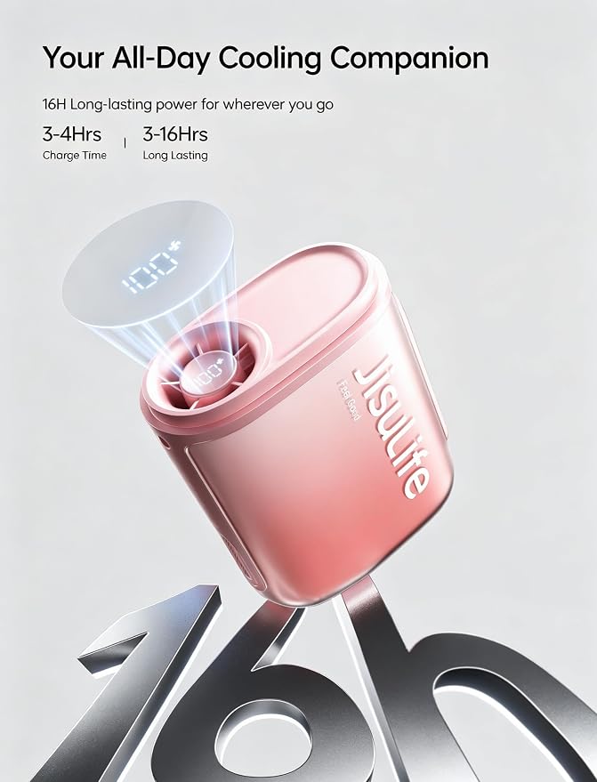 JISULIFE Portable Neck Fan, 100 Speed 40000RPM Cooling, Mini Personal Handheld Wearable Waist Fan, 16H 4500mAh Battery with LED Display, Lightweight in Outdoor, Travel, Jobsite Gifts (Pink)