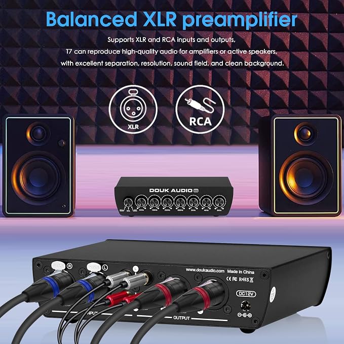 Douk Audio 7 Band Equalizer Balanced EQ Audio Preamp with XLR RCA Input and Output for Home Stereo, Amplifier, Computer Speaker (T7)