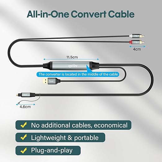 Adoreen Unidirectional 2 RCA Input to SPDIF/Toslink Output Optical Adapter Cable 10 Ft, Analog to Digital Audio Converter, 48Khz/96Khz for Turntable CD DVD to Soundbar TV Home Theater System