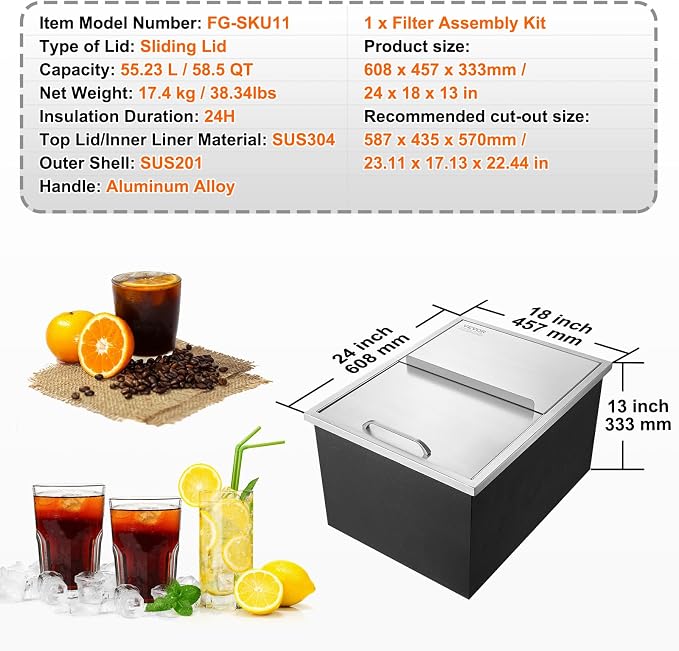 VEVOR Drop in Ice Chest, 24"L x 18"W x 13"H Stainless Steel Ice Cooler, Commercial Ice Bin with Sliding Cover, 40.9 qt Outdoor Kitchen Ice Bar, Drain-pipe and Drain Plug Included, for Cold Wine Beer