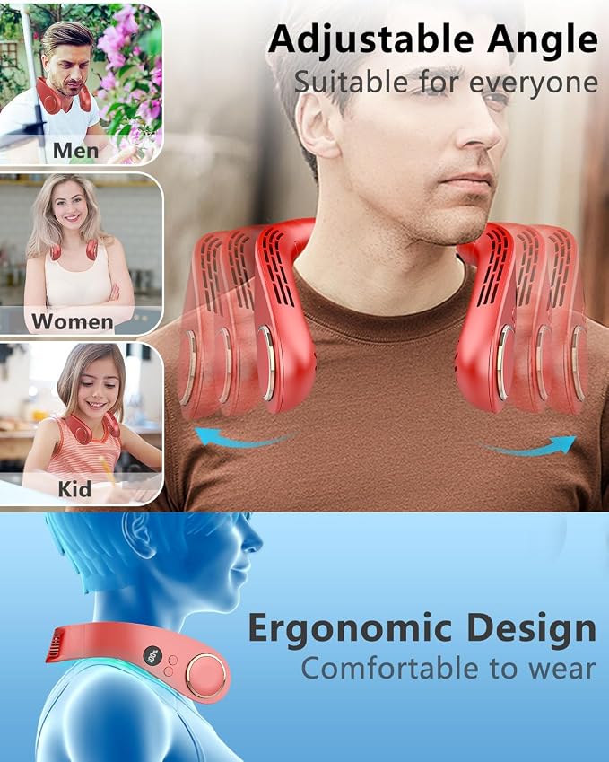 Neck Fan with Cooling Plate, Rechargeable 5500mAh Battery Operated, LED Displays & 5 Speeds Settings Neck Air Cooler, Hands Free Wearable No Blade Necklace Fan for Kids Men Women Outdoor Indoor, Red