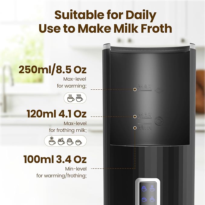 Kismile Milk Frother, 6-in-1 Electric Milk Steamer with Stainless Steel Inner Tank，Automatic Warm and Cold Foam Maker for Latte, Cappuccinos, Macchiato(Black)