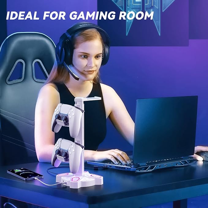 KDD Gaming RGB Headphones Stand & RGB Headphone Stand with USB Charger - Rotatable Headset Stand with 9 Light Modes - Headphone Holder with 2 USB Charging Ports and 3 AC Outlets