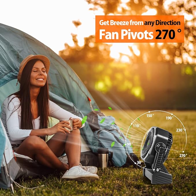 20000mAh Battery Powered Camping Fan, 58Hrs Rechargeable Portable Fan, 400LM Light, 360° Hook, Whisper Quiet Battery Operated Fan for Outdoor Car Travel Gear Essentials Power Outages Co-brand AMACOOL