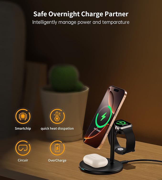 XooFly 3 in 1 Wireless Charging Station for Apple Devices, Fast Wireless Mag-Safe Charger Stand with 20W Adapter for iPhone 17/16 15 14 13 12 Pro Max/Pro/Plus/Air/Mini, iWatch, AirPods (Black)