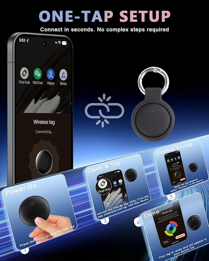Dual System Bluetooth Tracker for iOS and Android: Smart Tag 4 Pack - Compatible with Apple Find My (iOS) & Google's Find Hub(Android) for Keys, Luggage, Wallet, Vehicles - Long Range Item Locator