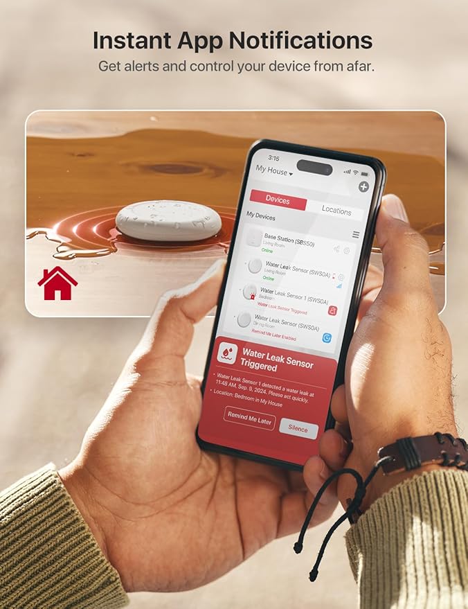 X-Sense Wi-Fi Water Leak Detector Kit, Smart Water Sensor Alarm with App Alerts and Ultra-Slim Design, Water Alarm Leak Detector for Basements, 4 Water Sensors and 1 Base Station, Model SWS0A41