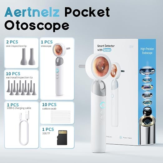 Otoscope Ear Camera with 1.38” IPS Screen, HD Ear Scope with Lights, Otoscope Camera for Adults Kids and Pets, 12 Silicone Specula Tips, Support Photo & Video, 32GB TF Card
