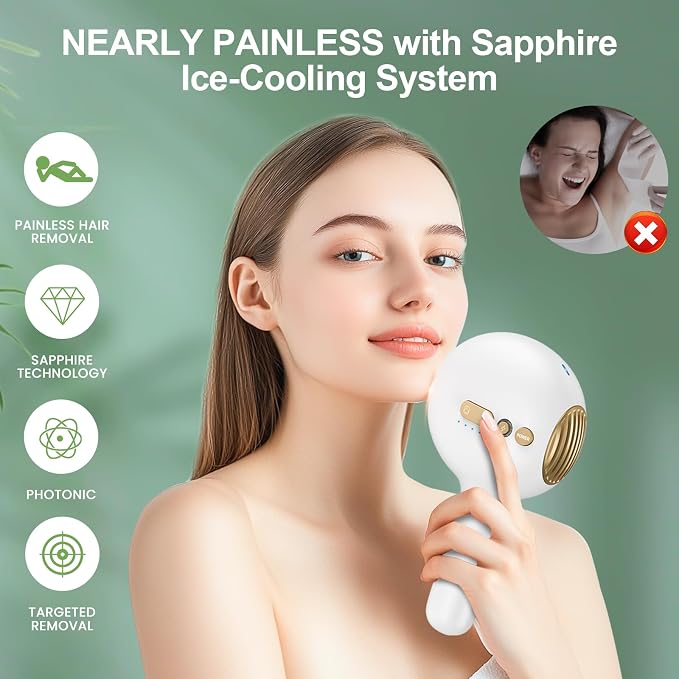 Lovsheme Sapphire Ice Cooling Hair Remove Device, Ice-cooling Device Hair Removal for Nearly Painless, Auto Flashing for Fast Full Body Hair Removal, White