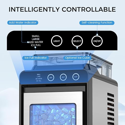 COWSAR Ice Maker Countertop, Portable Ice Machine with External Water Tank, 8 Cubes in 6 Mins, 26 lbs/24Hrs, Self-Cleaning Quiet Compact Commercial Ice Makers for Home, RV, Camping， Black and Silver