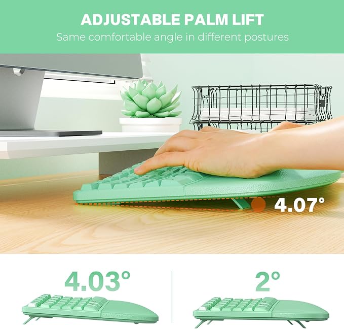 MEETION Ergonomic Keyboard and Mouse, Wireless Keyboard with Vertical Mouse, Split Curved Keyboard with Wrist Rest, USB C Rechargeable Full Size, Windows/Mac/PC/Laptop, Green