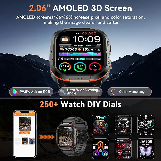 Smart Watch for Men Fitness Tracker: Make/Answer Call Military Smart Watches for Men Digital Watches Heart Rate Monitor Waterproof Running Smartwatch Android Phones iPhone Samsung Compatible 2 Bands