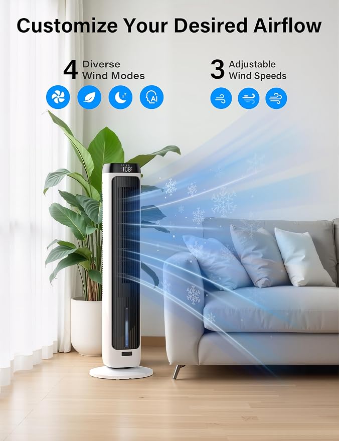 PNTCK 41" Evaporative Air Cooler Swamp Cooler with 3 Speeds, 5 Modes, 12H Timer, Remote, 80° Oscillation, LED Display, Bladeless Tower Fan Cooling Fan for Bedroom Office Large Room Indoor Use