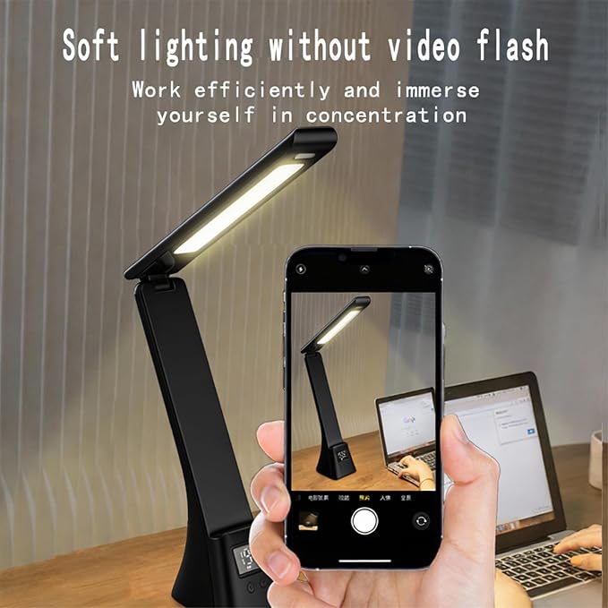 All-in-One Wireless Charging Desk Lamp with Digital Clock & Alarm, 15W Fast Phone Charger, 3 Color Lighting Modes, 180° Foldable, Touch Control for Bedroom, Office,HYV-2088 Black.