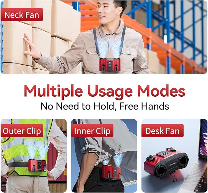 Doublepow 12000mAh Portable Waist Fan, Personal Waist Fan, Dual Air Ducts Motors, USB Rechargeable Clip On Belt for Working, 10 Speeds & 23H Wearable Neck Cooling, for Outdoor, Work, Travel (Red)