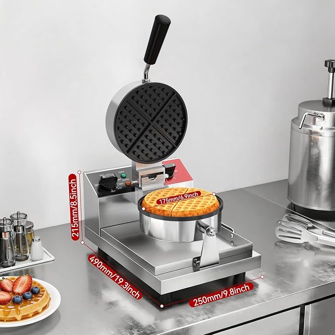 CROSSON Commercial Waffle Maker,Professional Round Belgian Waffle Maker Non-Stick Plate Machine with Temp and Time Control for Home Kitchen,Restaurant Bakeries Kitchen 120V/1300W