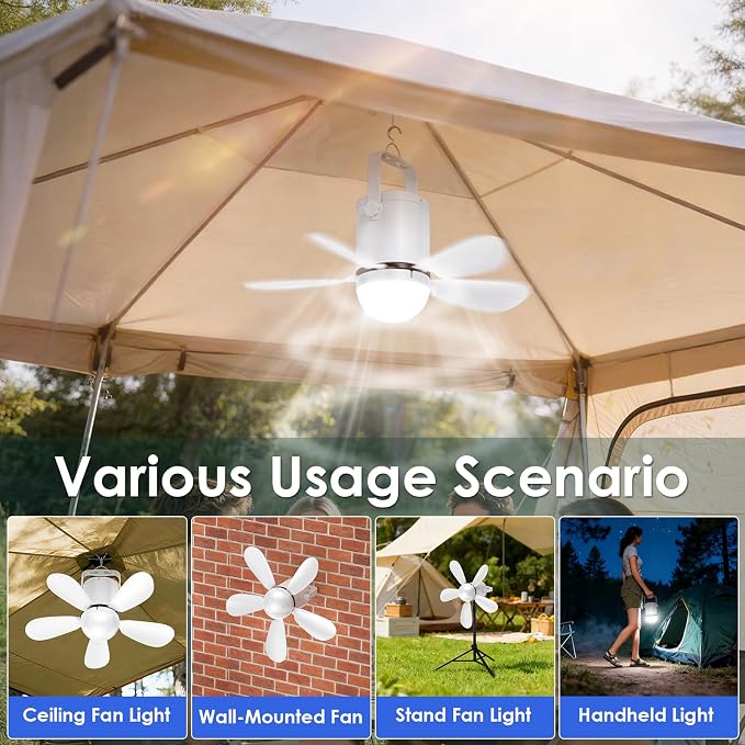 Ceiling Fan Light, Battery Operated Gazebo Fan Light with Remote, Portable Rechargeable Camping Fan Light for Outside, Wireless, for Outdoor Tent Canopy Porch Patio Greenhouse RVs Pergola