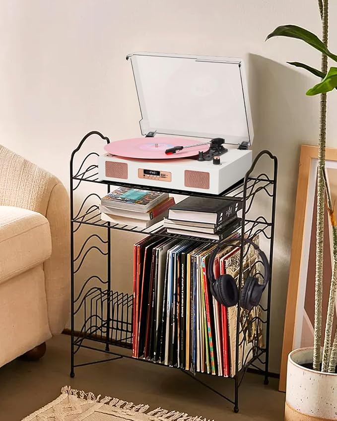 Vinyl Record Player Vintage Wireless Bluetooth Record Player with Stereo Speakers, USB/TF Card Recording, LP Player with 3 Speed Belt Drive Turntable Support RCA Line-Out AUX Input EQ,White& Rose Gold