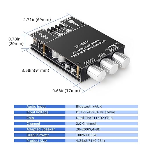 ZK-1002T Bluetooth 5.1 Amplifier Board, 100W+100W 2.0 CH Stereo Audio Amp Module with TPA3116D2 Chip, Treble & Bass Control, DIY Speakers Power Amp for Home Theater Speakers