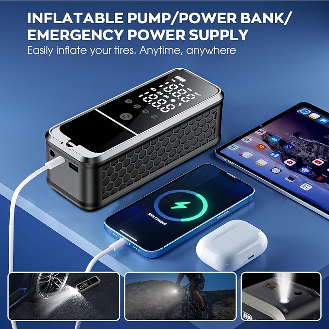 Tire Inflator Portable Air Compressor, 6000mAh Air Pump for Car Tires 160 PSI Portable Air Pump with Tire Gauge Pressure & LED Light & Auto Shut-Off Cordless Bike Pump for Car, Motor, Bike, Ball