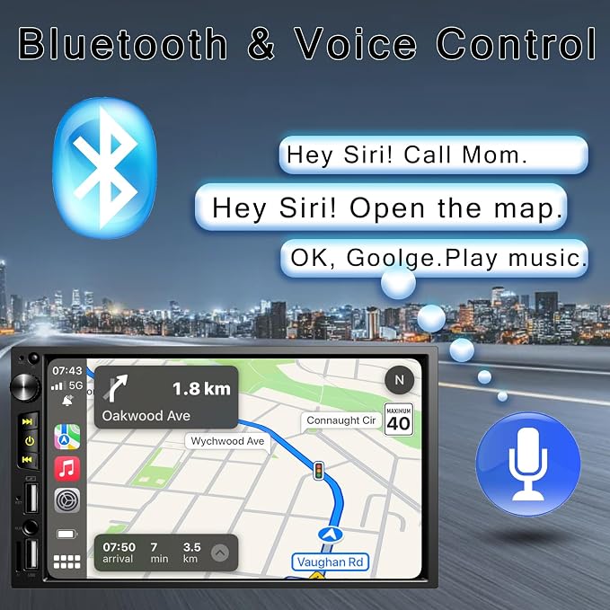 Wireless 7 inch Double Din Car Stereo with Apple Carplay,Car FM Radio | Bluetooth 5.1,Backup Camera,HD IPS 1024 * 600 Touch Screen,Mirror Lin,Build-in Mic/USB/AUX/Android Auto/SWC/Audio