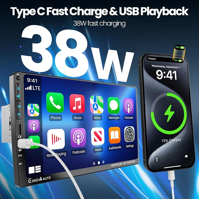 9" Single DIN Car Stereo with Wireless Apple CarPlay and Android Auto,UHD Car Radio IPS Touchscreen,1080P Back Camera,Mirror Link, Voice Control, Bluetooth 5.3,GPS,AM&FM,Type-C (9016-with Camera)