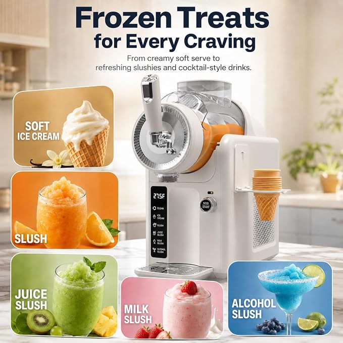 SYINTAO Slushie Machine No Ice Needed, 2-in-1 Frozen Drink & Soft Serve Ice Cream Maker, Self-Chilling Slushy Maker with 5 Presets, LED Display & Auto Clean for Home & Party (White)