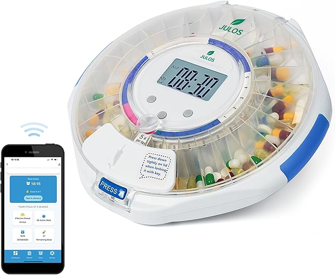 JULOS Smart WiFi Automatic Pill Dispenser w/Sound/Light Alerts for Seniors, Mobile App Remote Monitoring, 28-Day Medication Organizer, Up to 9 Alarms/Day, Lock Key for Supplements & More, Clear Lid