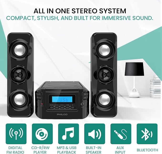 Philco Stereo Shelf Systems Compact CD Shelf System with Digital FM Stereo Radio, Bluetooth Wireless Technology, and Remote Control | LCD Display | MP3 & AUX Port Compatible | USB Playback (Black)