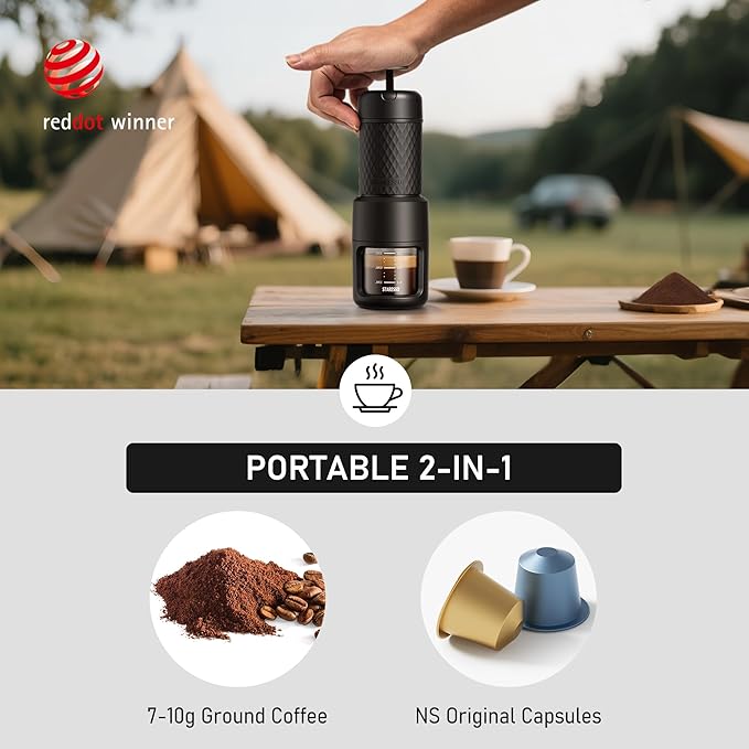STARESSO 2026 Travel Kit, Portable Espresso Maker & Grinder Set, Dual Use for Ground Coffee & Pods, No Power Needed, Travel Case for Camping Hiking