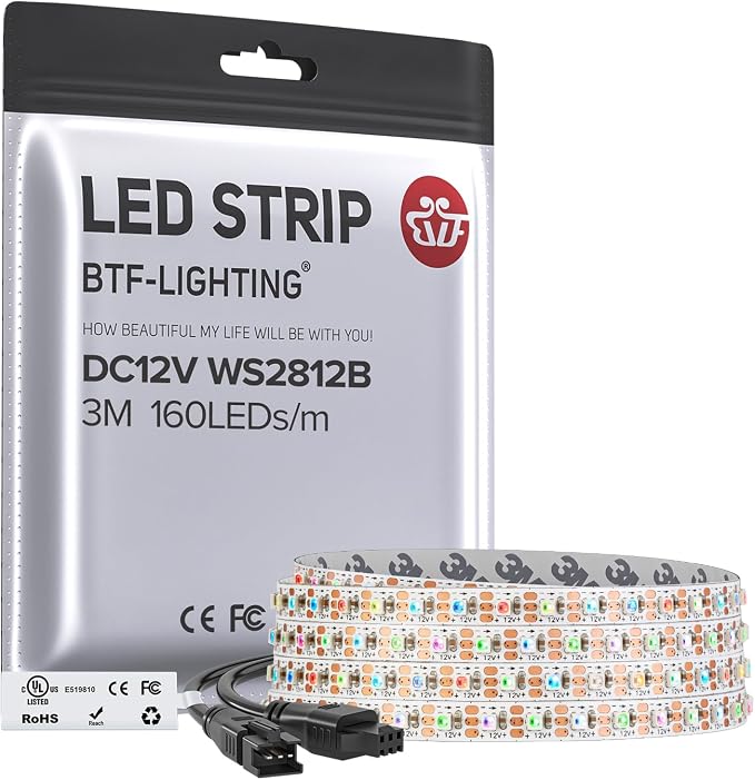 BTF-LIGHTING WS2812B IC RGB 5mm Ultra Narrow LED Strip 2020SMD DC12V Individually Addressable 9.8FT 160Pixels/m 480LED Dream Color Tape Light for Home DIY Decoration IP30 (No Adapter or Controller)