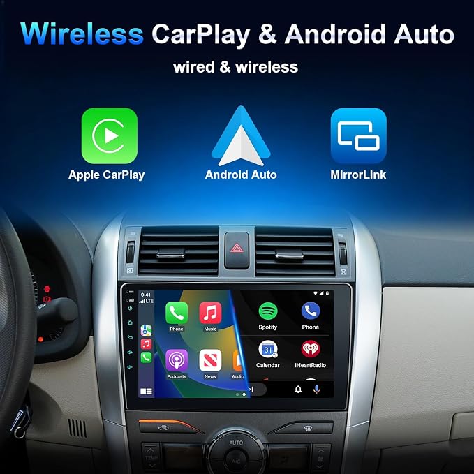 Car Stereo Radio for Toyota Corolla 2009-2013, Wireless Carplay Andorid auto Mirror Link 9Inch Touchscreen GPS Bluetooth 5.0 FM/RDS EQ-32 SWC