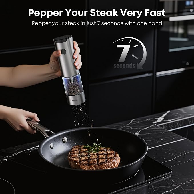 1 Pack Electric Salt Pepper Grinder, One Hand LED Ceramic Burr Adjustable Grind Kitchen Gift