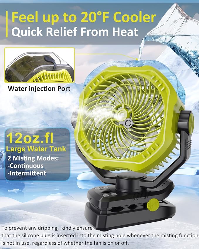 Portable Rechargeable Misting Fan with 12oz Mist, Battery Life Display, Remote, Timer, Light, 5 Speeds, 9-Inch, 20000mAh 120H Battery Powered Clip Fan for Stroller, Travel, Outdoor, Poweroutage