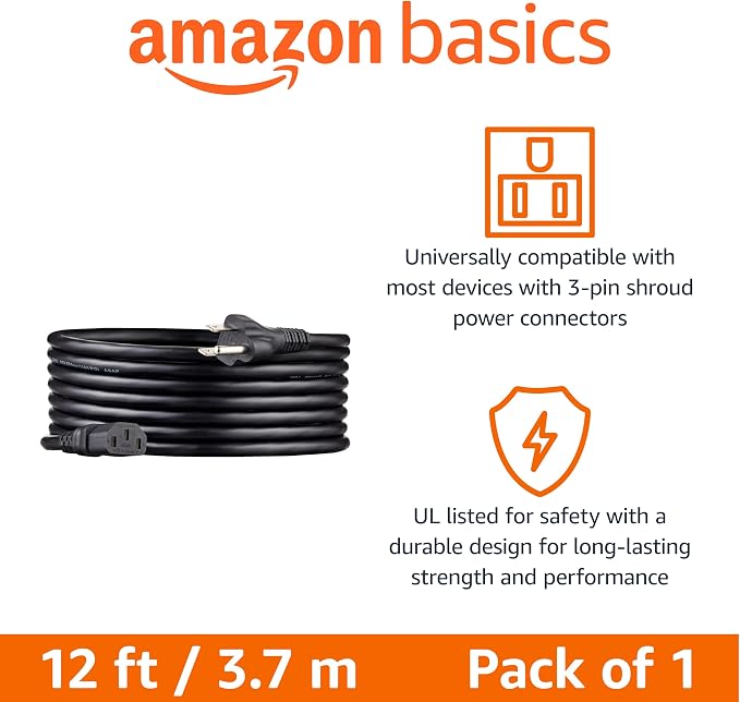 Amazon Basics PC Power Cord, 12 feet, Replacement AC Power Cord for Computer, Monitor, TV, Printer, 3 Prong, 18 AWG, 125 Volts, Black