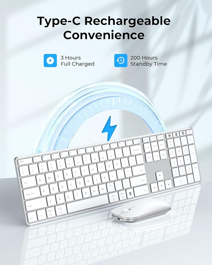 seenda Wireless Bluetooth Keyboard and Mouse Combo, SKM64-3 Rechargeable Slim Quiet Keyboard Mouse, 3 Multi-Device Connection, Compatible for Windows 11/10 PC Laptop Mac MacBook iPad, White Silver