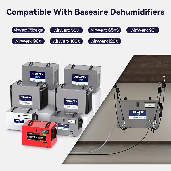 BaseAire Dehumidifier Hanging Kit for Crawl Space & Basement Dehumidifiers Airwerx 35P/55/ 65X/ 90/ 90X/ 100X/ 120X, Easy Way to Raise and Lower Dehumidifier, Helps Reduce Noise and Vibration of the