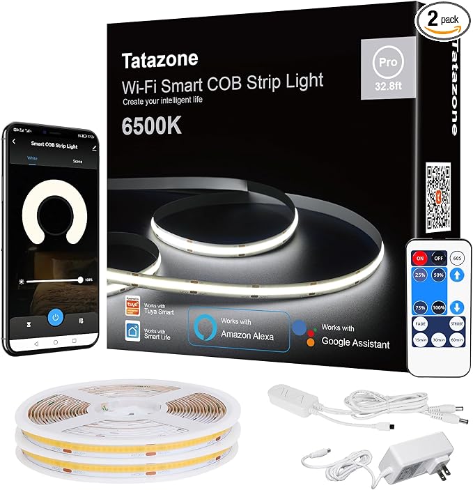 Tatazone Smart White COB Led Strip Light with App and Remote, 32.8ft 6500K WiFi Bright COB Light Strip Work with Alexa Google, Dimmable Indoor COB Strip Lights for Room, Cabinet, 2 Rolls of 16.4ft