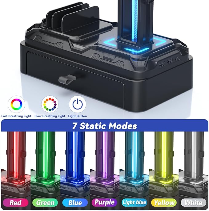 KDD RGB Multi-Controller Holder with 9 Light Modes & Headphone Stand with Charger Port and Multifunctional Storage