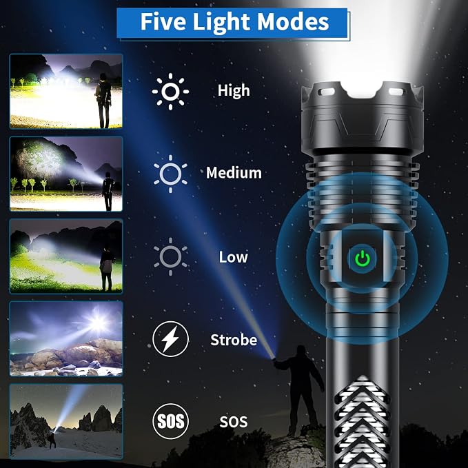Weoxi Rechargeable Flashlights High Lumens, 100000 Lumens Super Bright Flashlights with Long Handle, 5 Modes & Zoomable, Waterproof Powerful Handheld Flashlight for Camping Emergency
