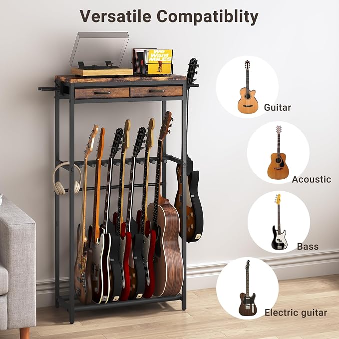 ELYKEN Guitar Stand, Guitar Rack with 2 Hangers and Storage Drawers for Guitar Accessories, Multiple Guitar Holder for Acoustic Electric Guitar, Bass, Instrument, Music Studio, Rustic Brown