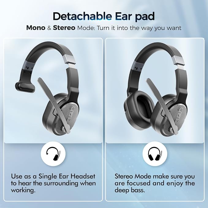 COSMUSIS Trucker Bluetooth Headset, Wireless Headsets with Noise Cancelling Microphone, 50+Hrs HD Talktime Bluetooth Headphones with Detachable Earpad/Single+Dual Mode for Office/Driving/Home (Silver)
