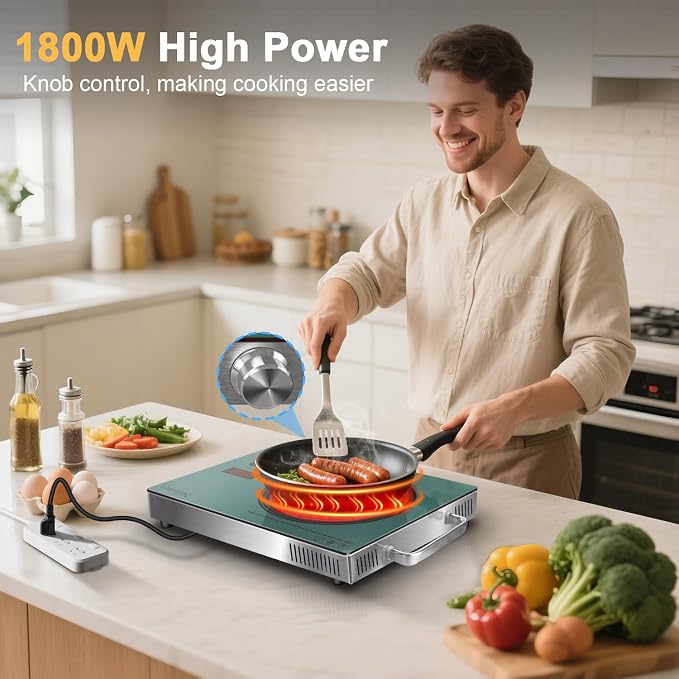 Single Burner Electric Cooktop 1800W, One Burner Electric Stove 110V, Countertop Electrics Burner with Knob & Touch Control, 180Mins Timer, 3 Cooking Mode & Safety Lock, 110V Plug in(Green)