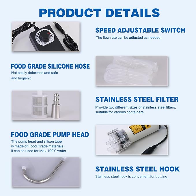 Food Grade Electric Water Transfer Pump With Speed Adjustable 100-240V for Ice Maker,Coffee Machine,Auto Siphon Self Priming Pumps for Home Brew Bottling Wine,Beer and Kombucha,2L/Min,Low Noise